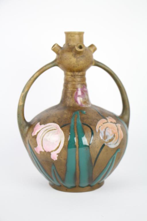 TURN TEPLITZ IMPERIAL AMPHORA VASE: Unusual shaped handled vase with enamel tulip decoration. Signed "Florina" on base with impressed marks. Ht. 24 cm. ( 9 1/2 in.). Approx. weight 800 g.