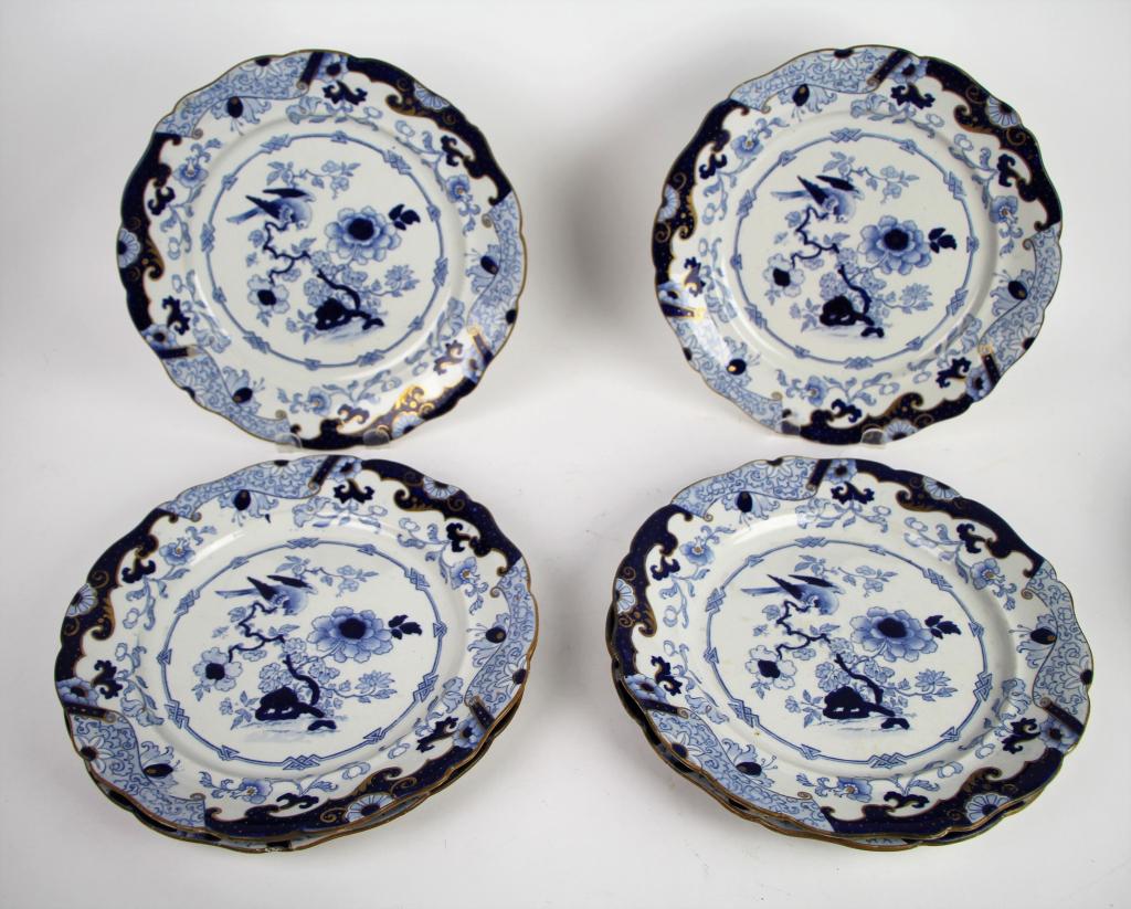 SET OF SIX 19TH CENTURY TRANSFER WARE PLATES: Ironstone China with birds and floral decoration. Minor surface wear. Diam. 26.5 cm. ( 10 1/2 in.) Total approx. weight 4.4 kg.