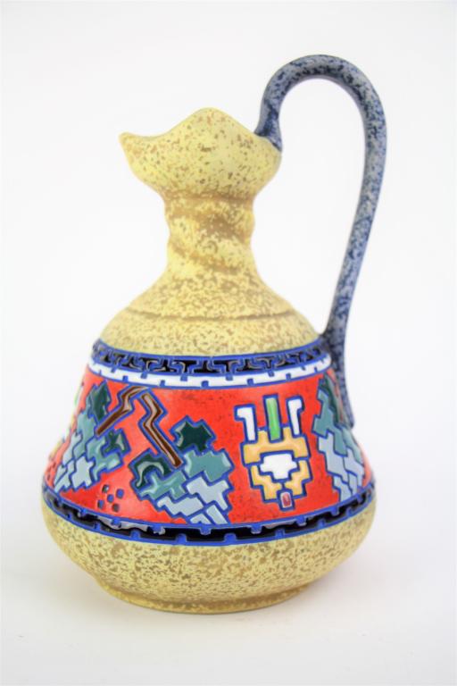 AMPHORA JUG: With enamelled geometric style decoration. Signed 'Made in Czechoslovakia' with impressed numbers underneath. Height 22cm (8 1/2 in.) Approx. weight 450g.