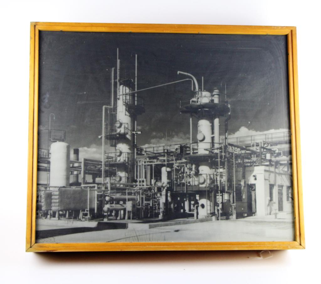 INDUSTRIAL PHOTOGRAPH IN SHADOW BOX FRAME: Possibly the work of Canadian artist Harold Town. See article in Imperial Oil Review magazine included with this lot. Shadow box is wired. Size: 21 x 25 x 6 in.