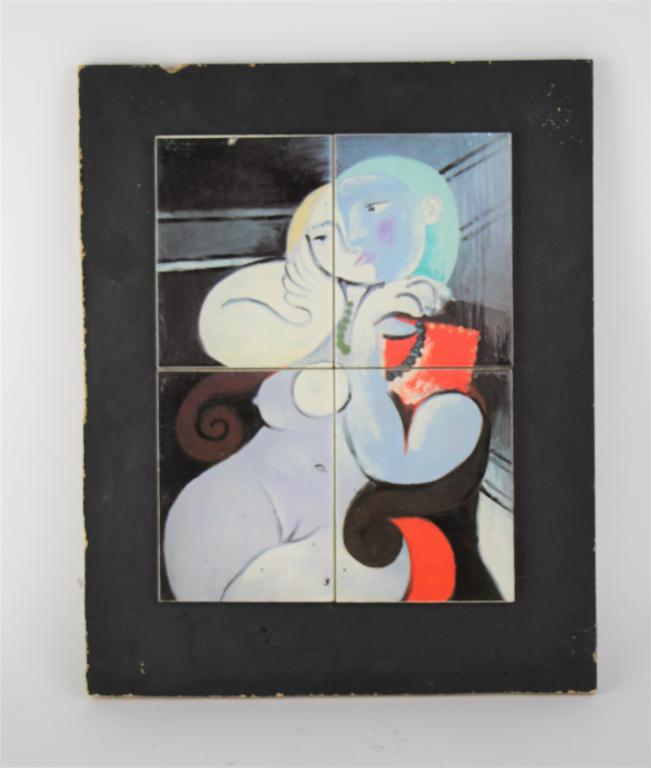 PICASSO DECORATED TILE PLAQUE: Nude portrait picture by Picasso transferred onto four separate tiles and mounted on wood board. Chip out of wood board. Size 16 x 13 in. Approx. weight 2.3 kg.