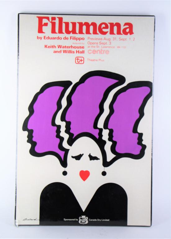 VINTAGE THEATRE POSTER: 'Filumena' theatre poster designed by Scollard. Circa 1970's. Shrink wrapped and mounted on board. Size 22 x 14 1/4 in. Approx. weight 500 g.