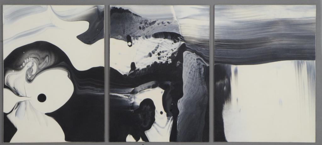 FISHER Brian Richard (Can. 1939 - 2012): Enamel on paperboard titled "White Mates Black ( Triptych in Three Moves)". Dated 1978. Gallery label on verso. Framed size: 20 x 39 cm. ( 8 x 15 1/4 in.)