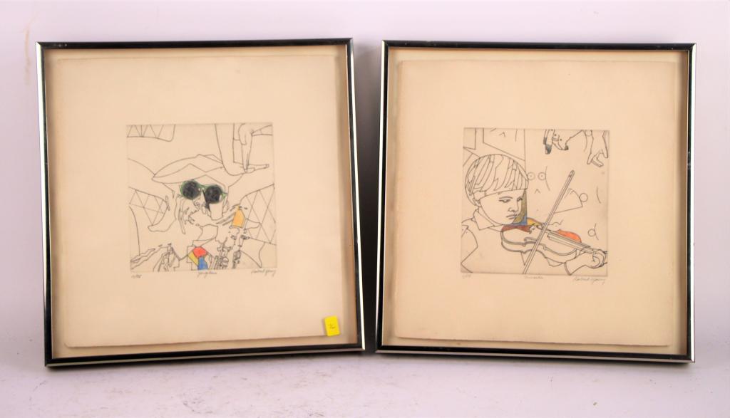YOUNG Robert John (Can. b. 1938): 2 original hand coloured etchings, one titled "Longleur", the other "Musiker". Both numbered 11/28 with gallery label on verso. Not examined out of frames. Framed size: 13 x 13 in.`