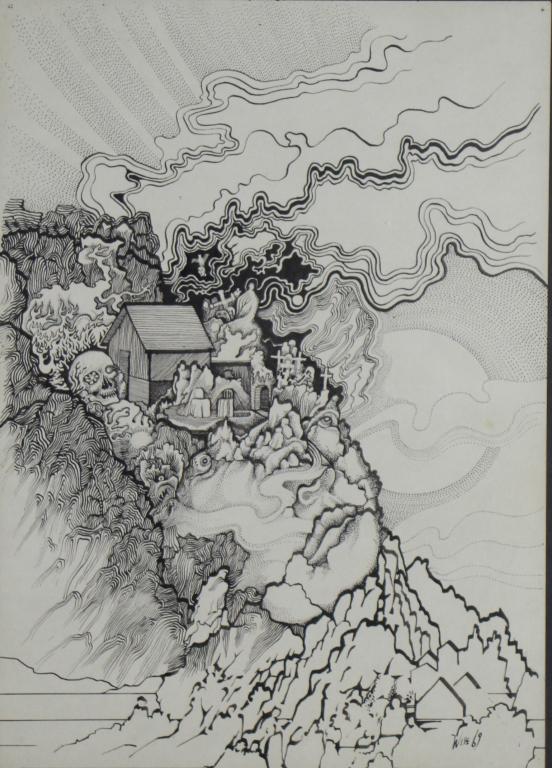 WISE Jack (Can. 1928 - 1996): Ink drawing of house on hill, untitled, signed lower right and dated 1969. Gallery label on verso. Frame size: 14 x 11 i n.