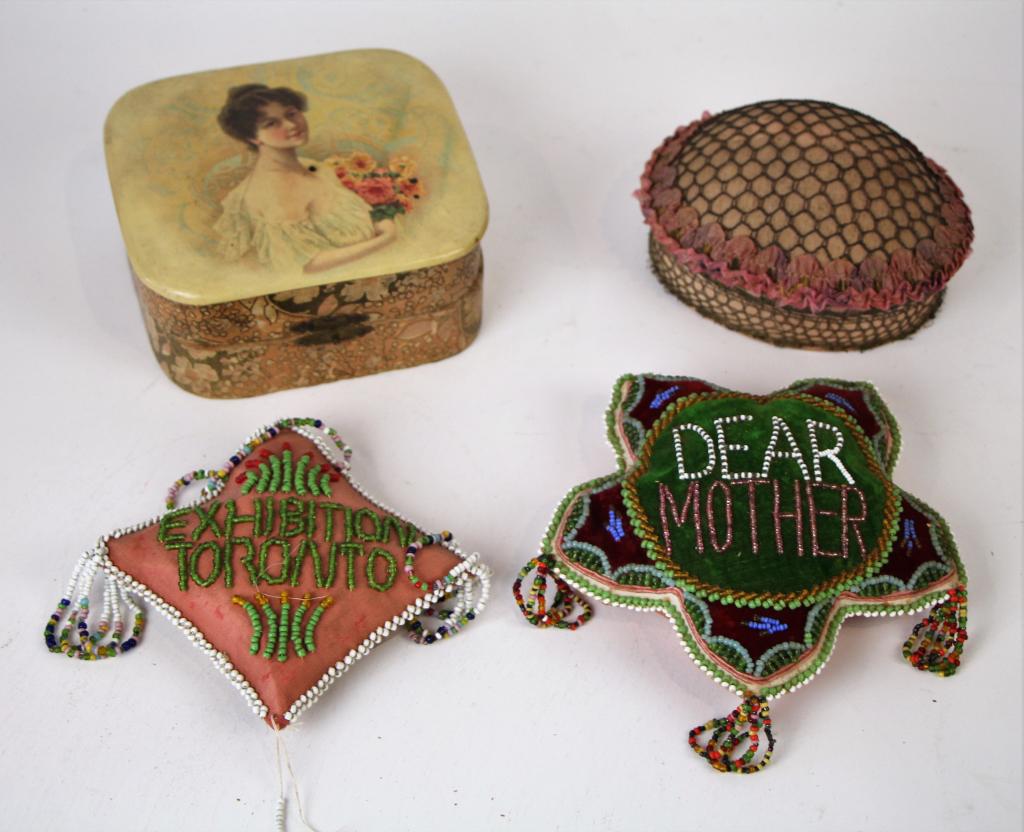 TWO 19TH C. BEADWORK PIECES AND OTHER ITEMS: "Dear Mother" and Toronto exhibition beaded cushions. Together with 19th C. celluloid box with portrait top. And oval lacework box. NOTE: Some loss to the Ex cushion and small pinhole burn in top of c