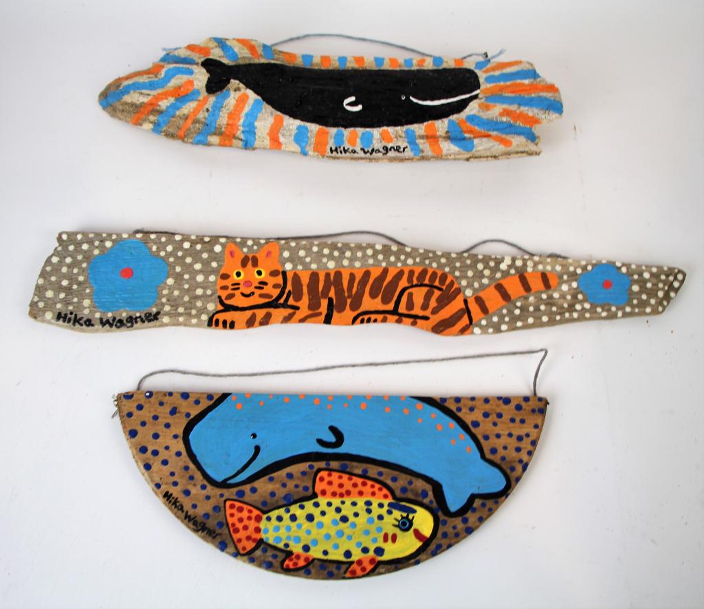 THREE PIECES OF FOLK ART: All signed "Hika Wagner." Painted on wood. For hanging on wall. L. of longest: 22"