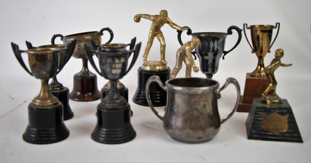 LOT OF VINTAGE SPORTS TROPHIES: Incl. Hamilton YMCA, Badminton, some mounted on wood and plastic bases. H. of tallest: 7 1/2"