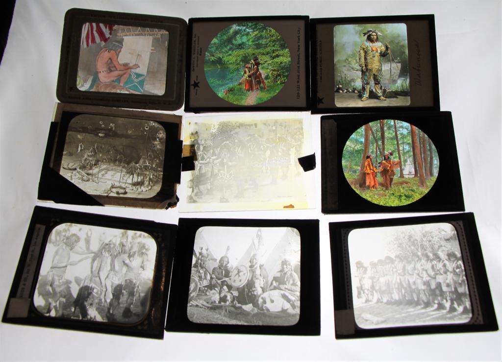 NINE ABORIGINAL MOTIF GLASS SLIDES: Various portraits and group shots. In colour and black and white. Size of largest: 3 1/4 x 4"