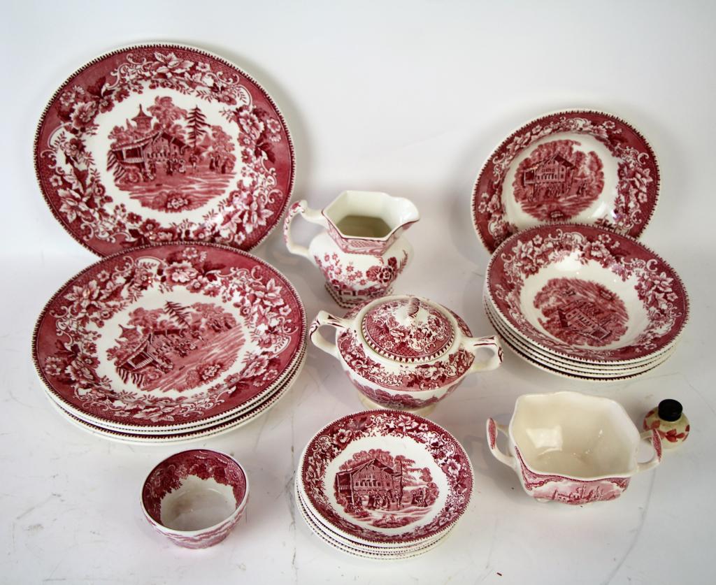 LOT OF "AVON COTTAGE" DINNERWARE: Incl. 5 x 10" dinner plates, 6 soup bowls, sugar (together with a woodsware creamer), and 6 saucers.