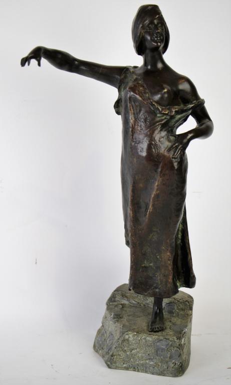 BRONZE STATUE: Art nouveau style woman mounted on a stone base. Signed Pierre Baudin and Moncel dated 1897. H: 17 1/2"