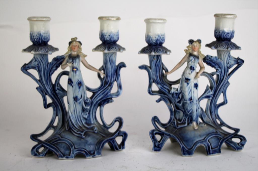 PAIR ART NOUVEAU PORCELAIN CANDLE HOLDERS (1 of 15)