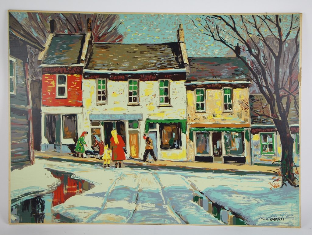 SILK SCREEN - TOM ROBERTS (CAN. 1908 - 1998): Street scene issued by the National Gallery of Canada and produced by Sampson Matthews. (no label on back) Hand written "Supervised by A. J. Casson" in lower right as he was involved with the producti