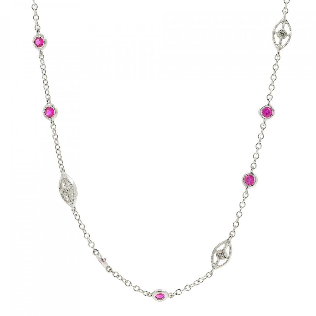 Estate 14K White Gold Ladies Diamond Red Spinel: Exquisitely crafted in solid 14 karat white gold this charming 16 inch necklace features bezel set round cut red spinel gems and single cut diamonds. Secured by a lobster claw clasp this necklace is s