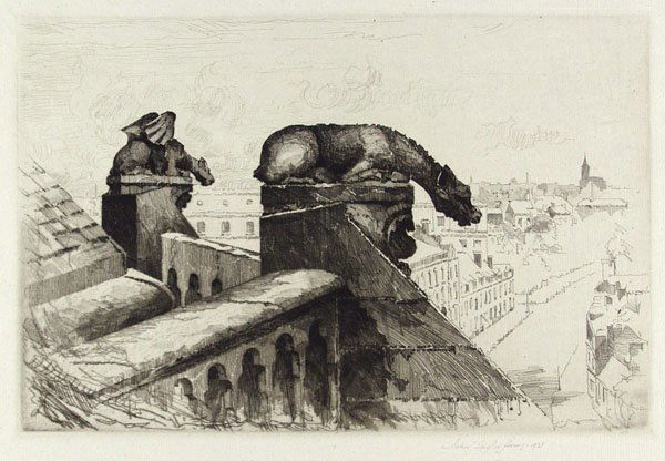 JOHN TAYLOR ARMS (American) Etching: John Taylor Arms (American, 1887 - 1953) Guardians of the Spire. Etching. 1921. Edition of 75. Signed and dated in pencil, lower right. Wide margins. Fine impression. 6 3/8 x 9 3/4 in. (162 x 248 mm).