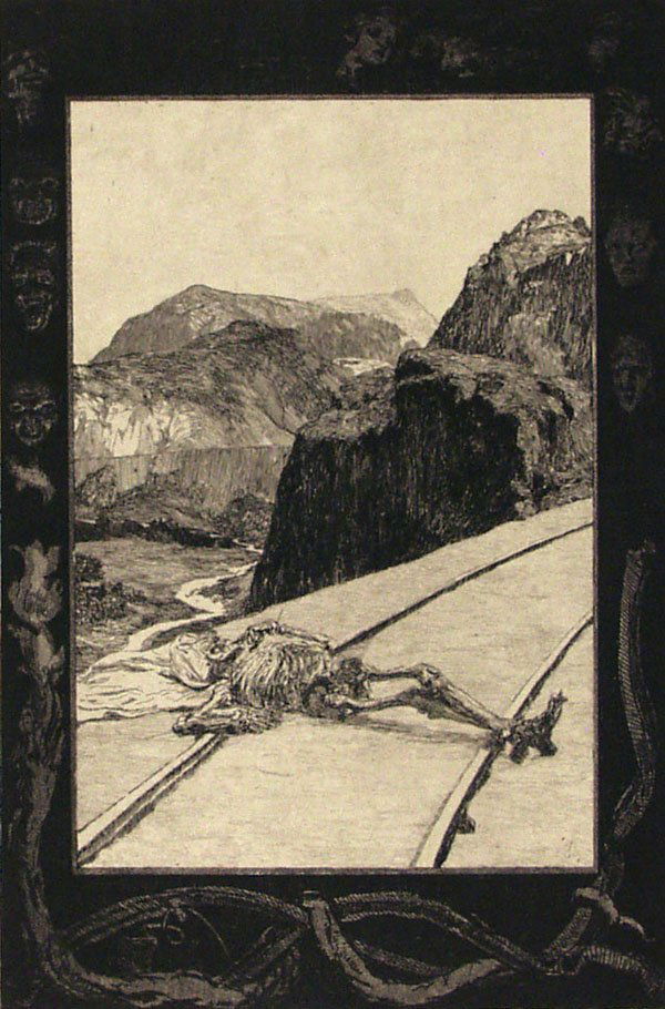 MAX KLINGER (German) Etching with aquatint: Max Klinger (German, 1857 - 1920) Auf den Schienen (On the Rails). Etching with aquatint. 1889. Ample margins. Fine impression. 10 3/8 x 7 3/8 in. (264 x 187 mm). Sheet Size: 21 1/4 x 15 in. (540 x 38