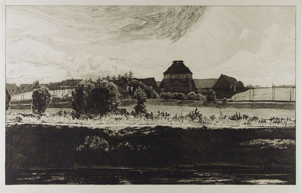 MAX KLINGER (German) Etching with aquatint: Max Klinger (German, 1857 - 1920) Sommernachmittag [from: Vier Landschaften, Opus VII, Plate 4]. Etching with aquatint. 1881. Signed and annotated in pencil. Printed on light tan paper mounted on veli