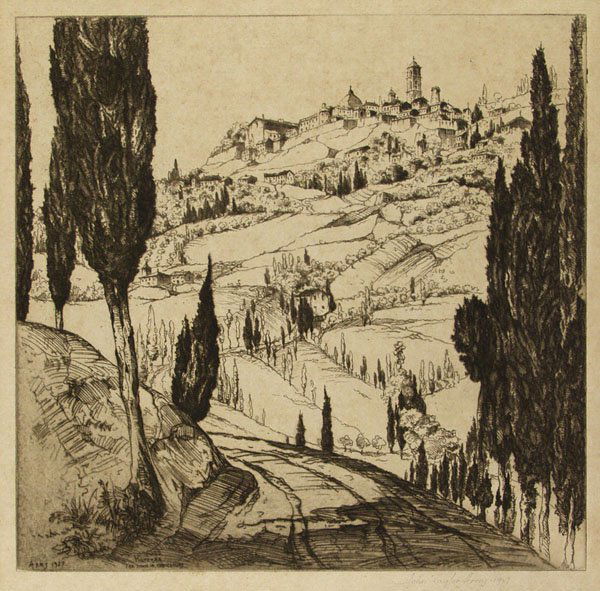 JOHN TAYLOR ARMS (American) Group of 2 prints: John Taylor Arms (American, 1887 - 1953) Group of 2 prints. 1927 and 1916. Old Sign, Compiegne. Etching. 1916. Edition of 75. Signed and dated in pencil, lower right. Very wide margins. 6 x 4 in. (152