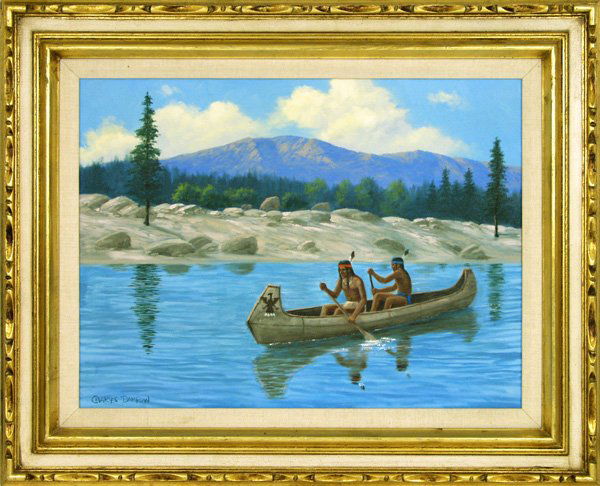 CHARLES DAMROW (American) Oil on canvas: Charles Damrow (American, 1916 - 1989) Mountainscape with Two Indians in a Canoe. Oil on canvas. 20th century. Signed "Charles Damrow," lower right. 18 x 24 in. (457 x 610 mm).