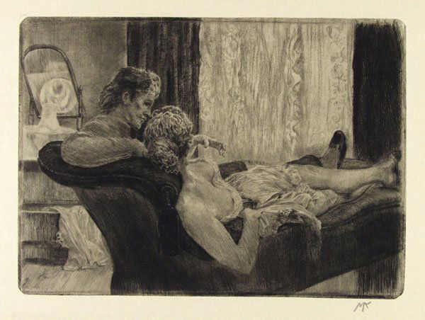 MAX KLINGER (German) Etching with engraving: Max Klinger (German, 1857 - 1920) Atelierszene (Nach der Arbeit, Siesta). Etching with engraving and drypoint. 1894. Small edition. Monogrammed in pencil. Japan paper. Full margins. Fine impression. 5