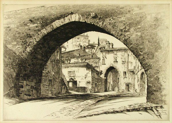 JOHN TAYLOR ARMS (American) Etching: John Taylor Arms (American, 1887 - 1953) Arch of the Conca, Perugia. Etching. 1926. Edition of 100. Signed and dated in pencil, lower right. Numbered in red ink, lower right edge. Laid paper. Ample ma