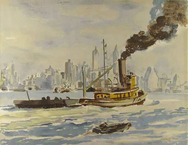 REGINALD MARSH (American) Color silkscreen: Reginald Marsh (American, 1898 - 1954) Tugboat in New York Harbor. Color silkscreen. c1934/1942. Signed in the screen. 15 9/16 x 20 1/16 in. (395 x 510 mm).