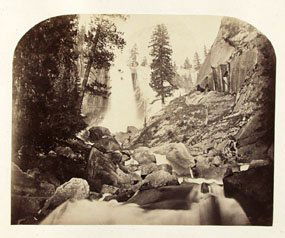 CARLETON E. WATKINS (American) Vintage albumen pr: Carleton E. Watkins (American, 1829 - 1916) Piwyac. Vernal Fall. 300 Feet. Yo-Semite. Vintage albumen print. 1861. Printed 1860s. Titled on label affixed to lower right corner of mount. Titled in imag