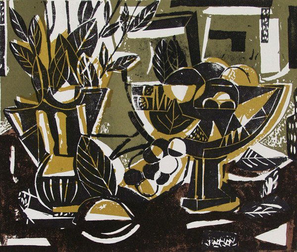 AFRICAN AMERICAN PRINTMAKER [DAVID C. DRISKELL]: African American Printmaker [David C. Driskell] (American, b.1931) Still Life with Fruit. Color woodcut. c1950s. 6 1/8 x 7 1/4 in. (156 x 184 mm). Sheet Size: 10 x 8 5/8 in. (254 x 219 mm). Fine condi