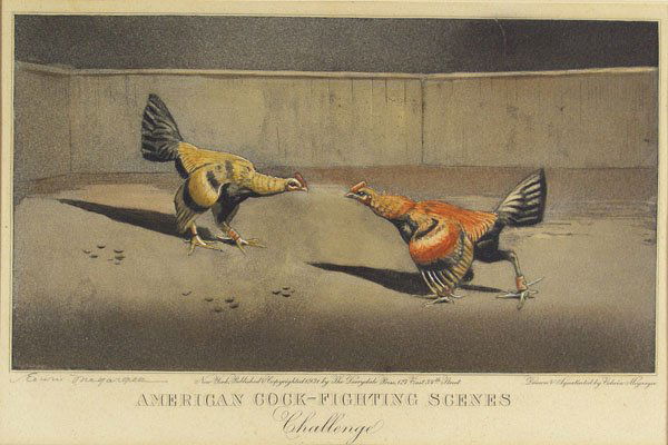 EDWIN MEGARGEE (American) Etching with aquatint: Edwin Megargee (American, 1883 - 1958) American Cock Fighting Scenes: Challenge. Etching with aquatint. 1931. Signed in pencil, lower left. Fine impression. 6 1/8 x 11 in. (156 x 279 mm). Apparently i