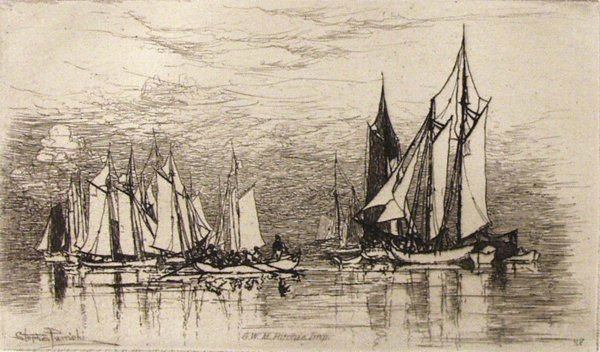STEPHEN PARRISH (American) Etching: Stephen Parrish (American, 1846 - 1938) Untitled [Harbour Scene]. Etching. c1885. Signed and dated in the plate, lower left. Full margins. Fine impression. 3 3/8 x 5 13/16 in. (86 x 148 mm). Sheet Siz