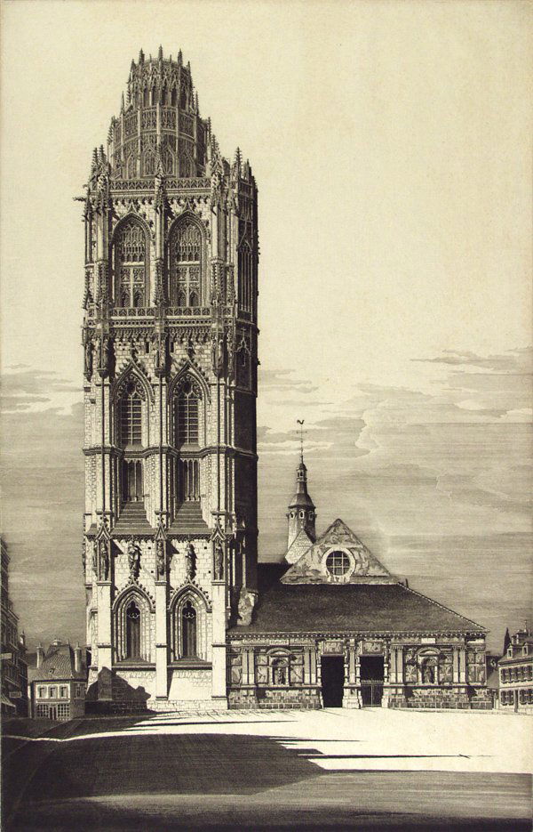 JOHN TAYLOR ARMS (American) Etching: John Taylor Arms (American, 1887 - 1953) Aspiration, La Madeleine, Verneuil-Sur-Avre (or Fraternité, Egalité, Liberté). Etching. 1939. Edition of 419. Signed and dated in pencil, lower right. 15 1/