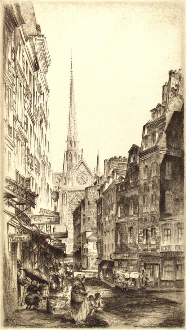 JOHN TAYLOR ARMS (American) Etching: John Taylor Arms (American, 1887 - 1953) La Rue Sauton, Paris (or The South Transept of Notre Dame, Seen from the Rue Sauton). Etching. 1924. Edition of 200. Signed and dated in pencil, lower right. 1