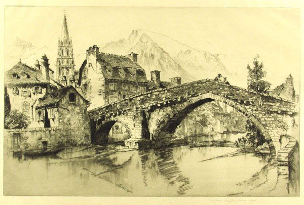 JOHN TAYLOR ARMS (American) Etching: John Taylor Arms (American, 1887 - 1953) Le Pont Notre Dame, Mende. Etching. 1907. Signed and dated in pencil, lower right. Japan paper. 8 x 12 1/2 in. (203 x 317 mm). Sheet Size: 10 5/16 x 15 3/4 in.