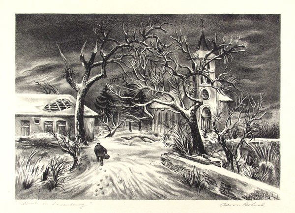 AARON BOHROD (American) Lithograph: Aaron Bohrod (American, 1907 - 1992) Church in Luxemburg. Lithograph. c1946. Signed in pencil, lower right. Full margins. 8 15/16 x 12 3/4 in. (227 x 324 mm). Sheet Size: 12 1/2 x 16 in. (317 x 406 mm