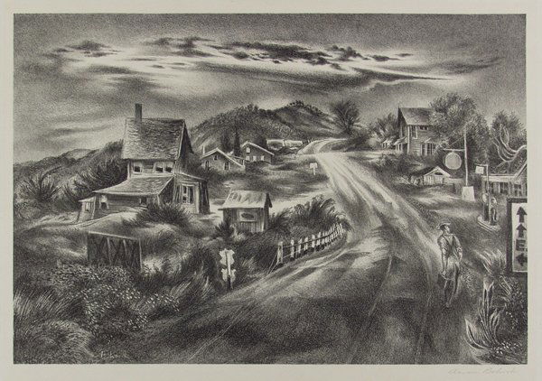 AARON BOHROD (American) Lithograph: Aaron Bohrod (American, 1907 - 1992) Pennsylvania Highway. Lithograph. 20th century. Signed in pencil, lower right. Full margins. 9 3/16 x 13 7/16 in. (233 x 341 mm). Sheet Size: 12 x 15 3/16 in. (305