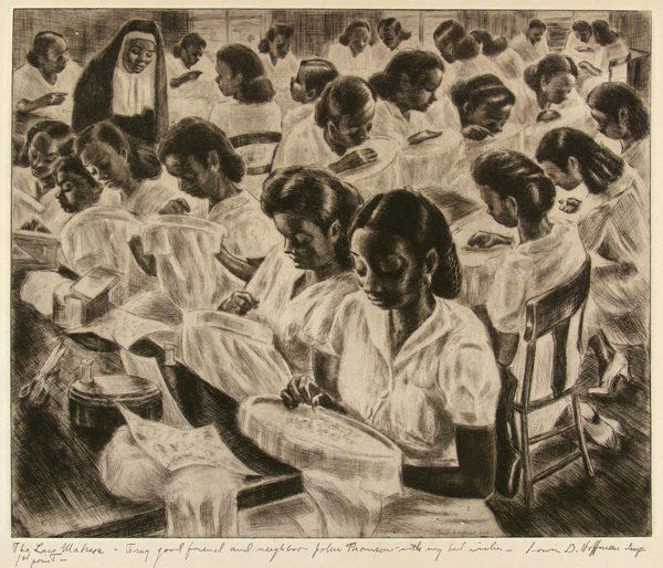 IRWIN D. HOFFMAN (American) Etching: Irwin D. Hoffman (American, 1901 - 1989) The Lace Makers. Etching. 20th century. Signed in pencil, lower right; titled in pencil, lower left; dedicated in pencil, "To my good friend and neighbor John