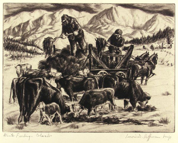 IRWIN D. HOFFMAN (American) Etching: Irwin D. Hoffman (American, 1901 - 1989) Winter Feeding, Colorado. Etching. 1937. Signed in pencil, lower right; titled in pencil, lower left. 9 x 11 7/8 in. (229 x 302 mm). Sheet Size: 11 5/16 x 16 1