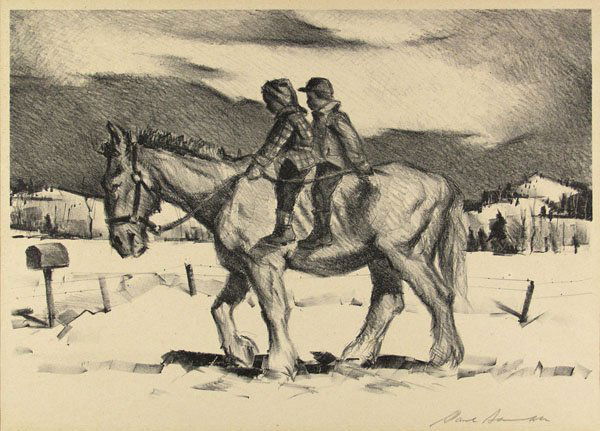 PAUL SAMPLE (American) Lithograph: Paul Sample (American, 1896 - 1974) Untitled [Two Boys on a Horse]. Lithograph. 20th century. Signed in pencil, lower right. 8 3/4 x 13 1/4 in. (222 x 337 mm). Sheet Size: 11 1/4 x 15 1/4 in. (286 x 3