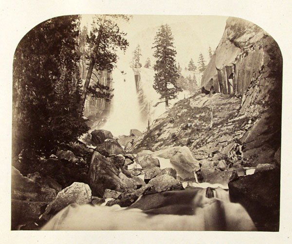 CARLETON E. WATKINS (American) Vintage albumen pr: Carleton E. Watkins (American, 1829 - 1916) Piwyac. Vernal Fall. 300 Feet. Yo-Semite. Vintage albumen print. 1861. Printed 1860s. Titled on label affixed to lower right corner of mount. Titled in imag