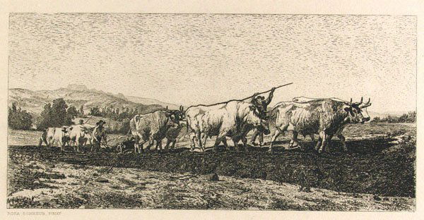 AMERICAN PRINTMAKERS, 20TH CENTURY: American Printmakers, 20th Century Group of 3 Prints. PETER MORAN. Oxen Ploughing. Etching. 20th century. Signed in the plate. 4 5/16 x 8 15/16 in. (110 x 227 mm). Sheet Size: 10 3/4 x 16 1/4 in. (27