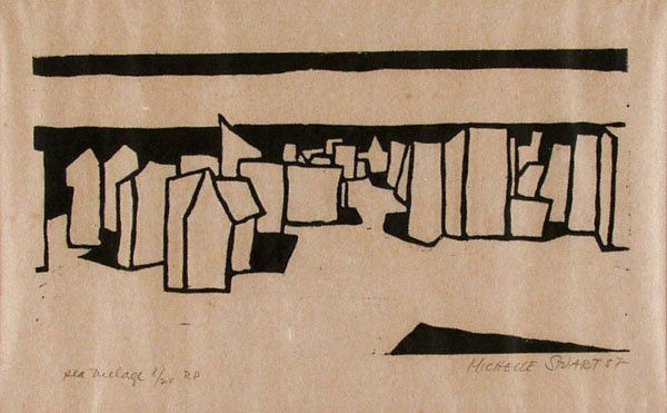 MICHELLE STUART (American) Woodcut: Michelle Stuart (American, b.1919) Sea Village. Woodcut. 1987. Print #8 of edition of 20. Signed and dated in pencil, lower right; titled, numbered and annotated "RP" in pencil, lower left. 4 x 7 13/1