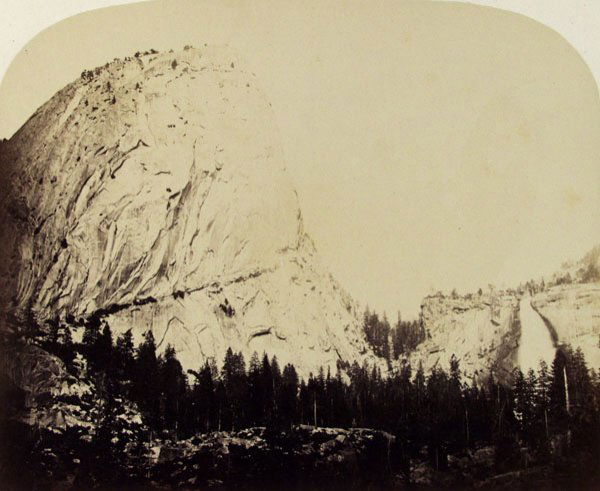 CARLETON E. WATKINS (American) Vintage albumen pr: Carleton E. Watkins (American, 1829 - 1916) Mount Broderick. Nevada Fall. 700 feet. [Yosemite]. Vintage albumen print. 1861. Printed 1861. Titled and numbered "No. 12" on label affixed to lower right