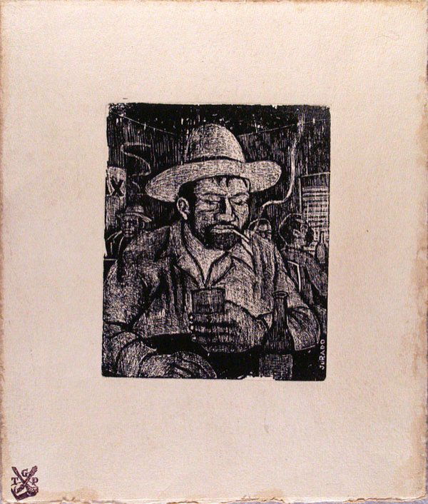 CARLOS JURADO (Mexican) Linoleum cut: Carlos Jurado (Mexican, 20th Century) Man Drinking. Linoleum cut. Signed in the block, lower right. Taller de Grafica Popular stamp at lower left c