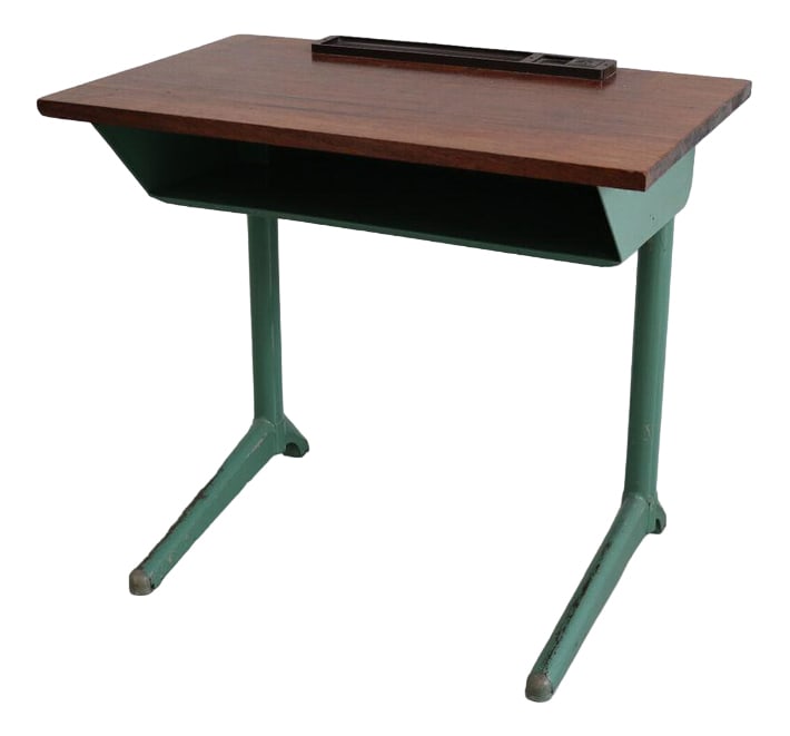 Industrial Children's Writing Table from Marko, 1950s: Country of Manufacture: Netherlands Design Period: 1950 to 1959 Production Period: Unknown Detailed Condition: Very Good — This vintage/antique item has no defects, but it may show slight traces