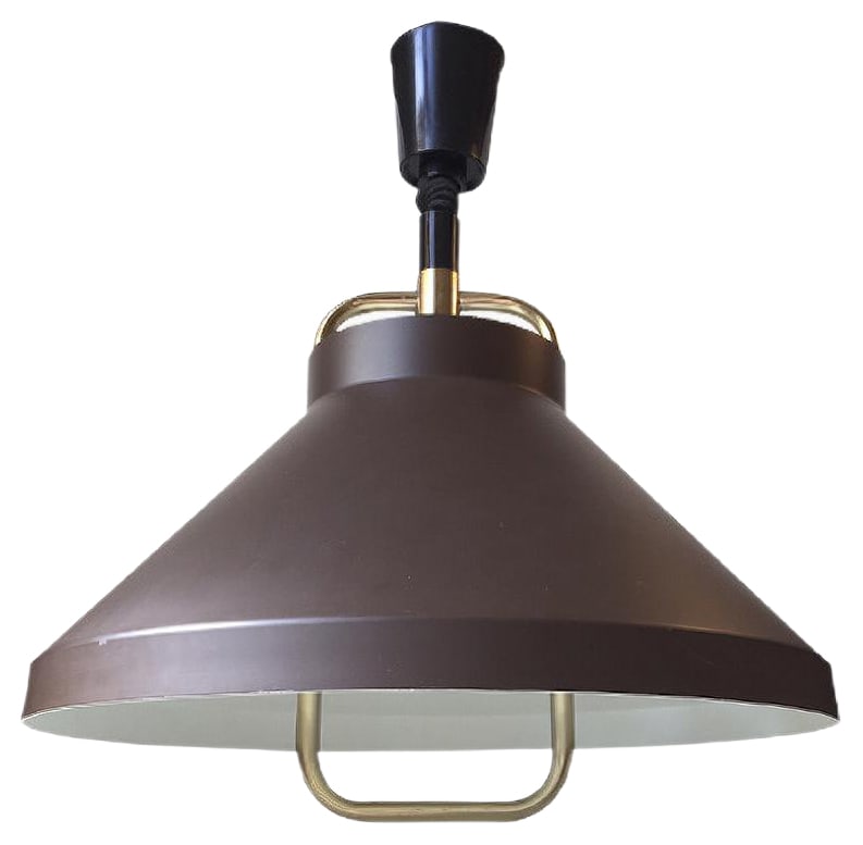 Danish Tarok Pendant Lamp by Jo Hammerborg for Fog & Mørup, 1977: - Complete model Tarok rise-and-fall pendant- Designed by Jo Hammerborg and manufactured by Fog & Mørup in Denmark during the 1970s- Brown powder coated aluminum shade- Brass pull handle and