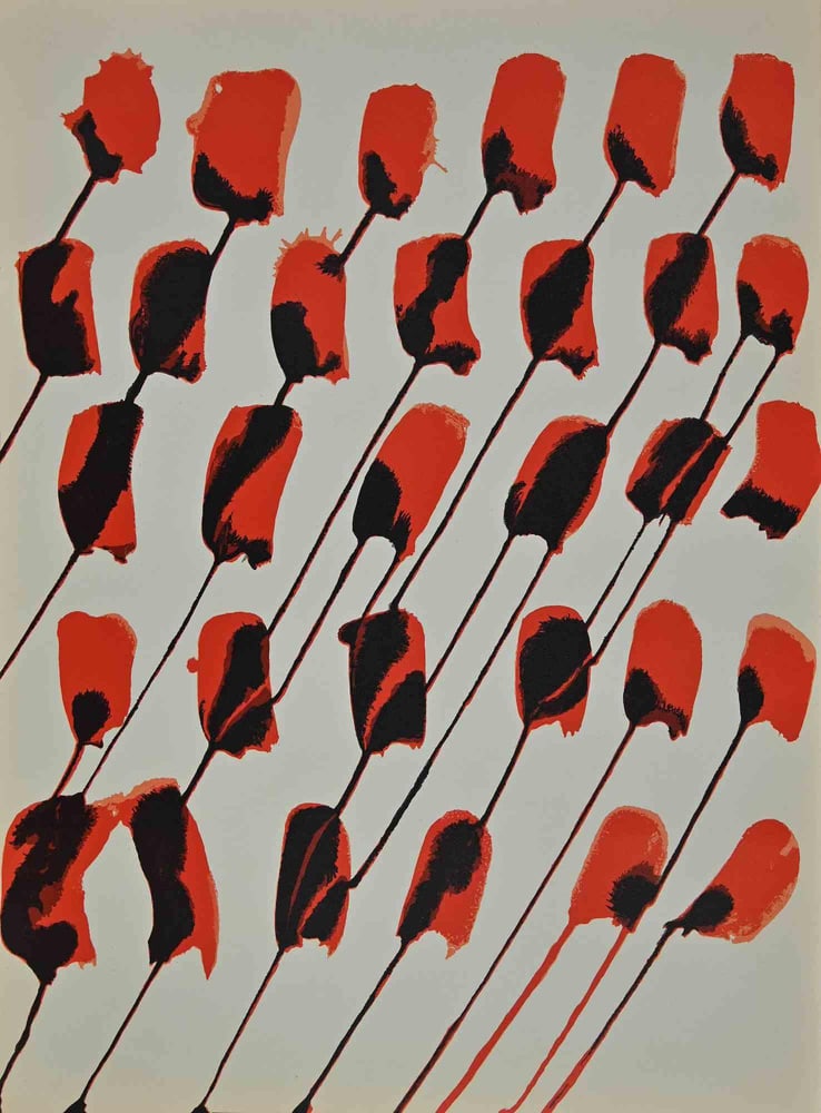 Alexander Calder, Poppy Flowers, Vintage Lithograph, 1971: Poppy Flowers is an original artwork realized by Alexander Calder in 1971. Original mixed colored lithograph. The artwork was the cover design for the art review "Derriere Le Miroir" no.156. Printed b