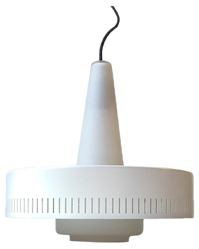 Mid-Century Pendant Light by Bent Karlby for Lyfa, 1950s: This Danish light was designed by Bent Karlby for Lyfa, Denmark and manufactured in the late 1950s. The light consists of a white-lacquered shade with vertical perforations to the edge and an opaline