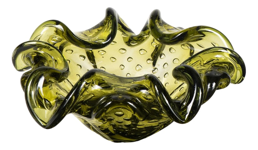 Pocket Emptier in Murano Glass: Empty Outrchage SostaCenere BAROVIER STYLE PLACES AND TOSO Murano Glass with Hand -Opened Spiral Bubbles Measures 20 x H 8.5 Category Stycenere Style Barovier Size: Height 8.5 Cm diameter 20 CM Color:
