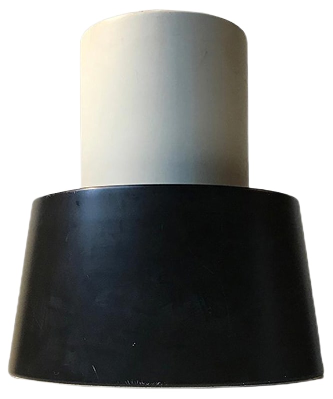 Black and White Model Nyboderpendel Ceiling Lamp by Svend Aage Petersen for Louis Poulsen, 1960s: A very rare Louis Poulsen pendant lamp composed of black and white powder coated metal shades. It is called 'Nyboderpendel' and it was designed by Svend Aage Petersen in 1967 and only made for a coupl