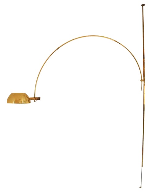 Boca Arc Floor Lamp in Polished Brass by Florian Schulz, 1970s: Boca arc lamp. Tension lamp (is stretched between floor and ceiling). An impressive and very rare designer lamp.There are brass extensions of different lengths for the base. The lamp is suitable for d